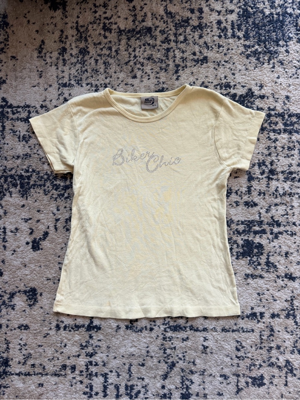 Y2K Baby Yellow Short-Sleeve Tee with Rhinestone “Biker Girl”